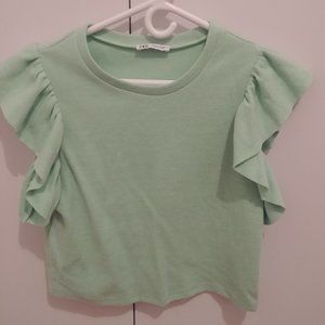 ZARA Light Green Ruffled Sleeve Top